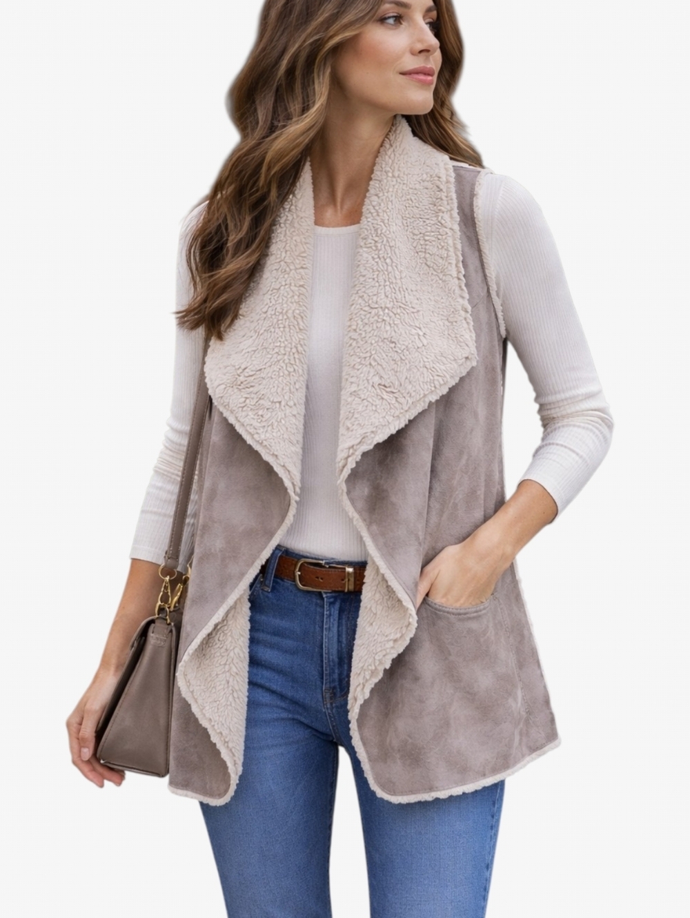 Saks Fifth Avenue Sherpa Vest Womens M Faux Suede Waterfall Taupe Cozy